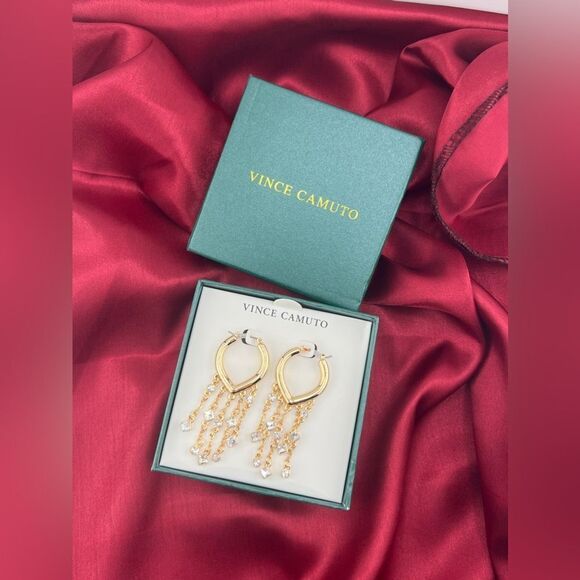 Vince Camuto Gold Hoop Earrings with Rhinestone Dangling Chains - Picture 1 of 5